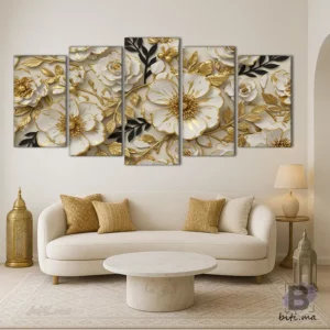 همسات الزهور الذهبية: لوحة جدارية فاخرة - Tableau Murale Fleurs Dorées
