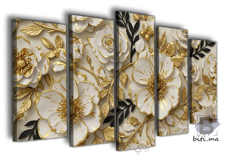 همسات الزهور الذهبية: لوحة جدارية فاخرة - Tableau Murale Fleurs Dorées