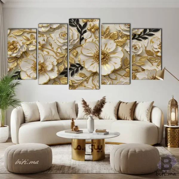 ⁦همسات الزهور الذهبية: لوحة جدارية فاخرة - Tableau Murale Fleurs Dorées⁩ - الصورة ⁦4⁩