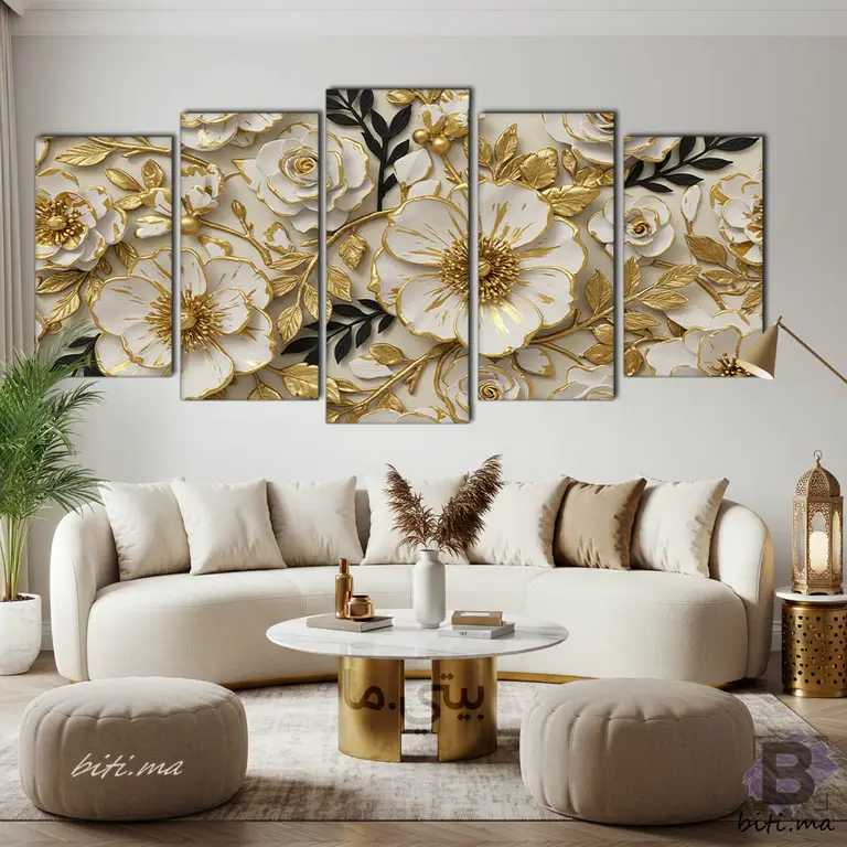 همسات الزهور الذهبية: لوحة جدارية فاخرة - Tableau Murale Fleurs Dorées