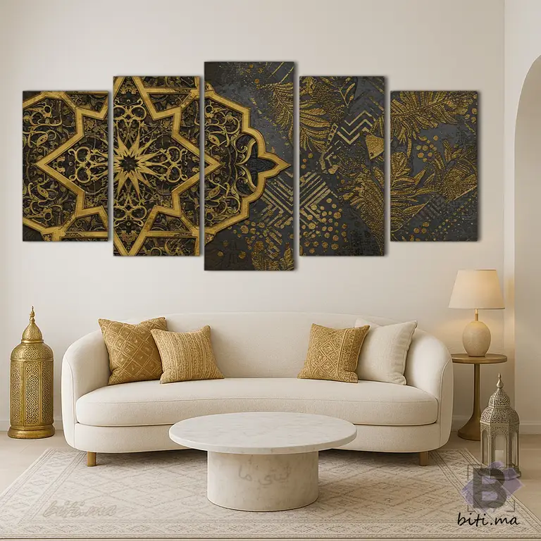 سحر الزخرفة المغربية في لوحة جدارية ذهبية - Tableau Décoration Maroc Dorée